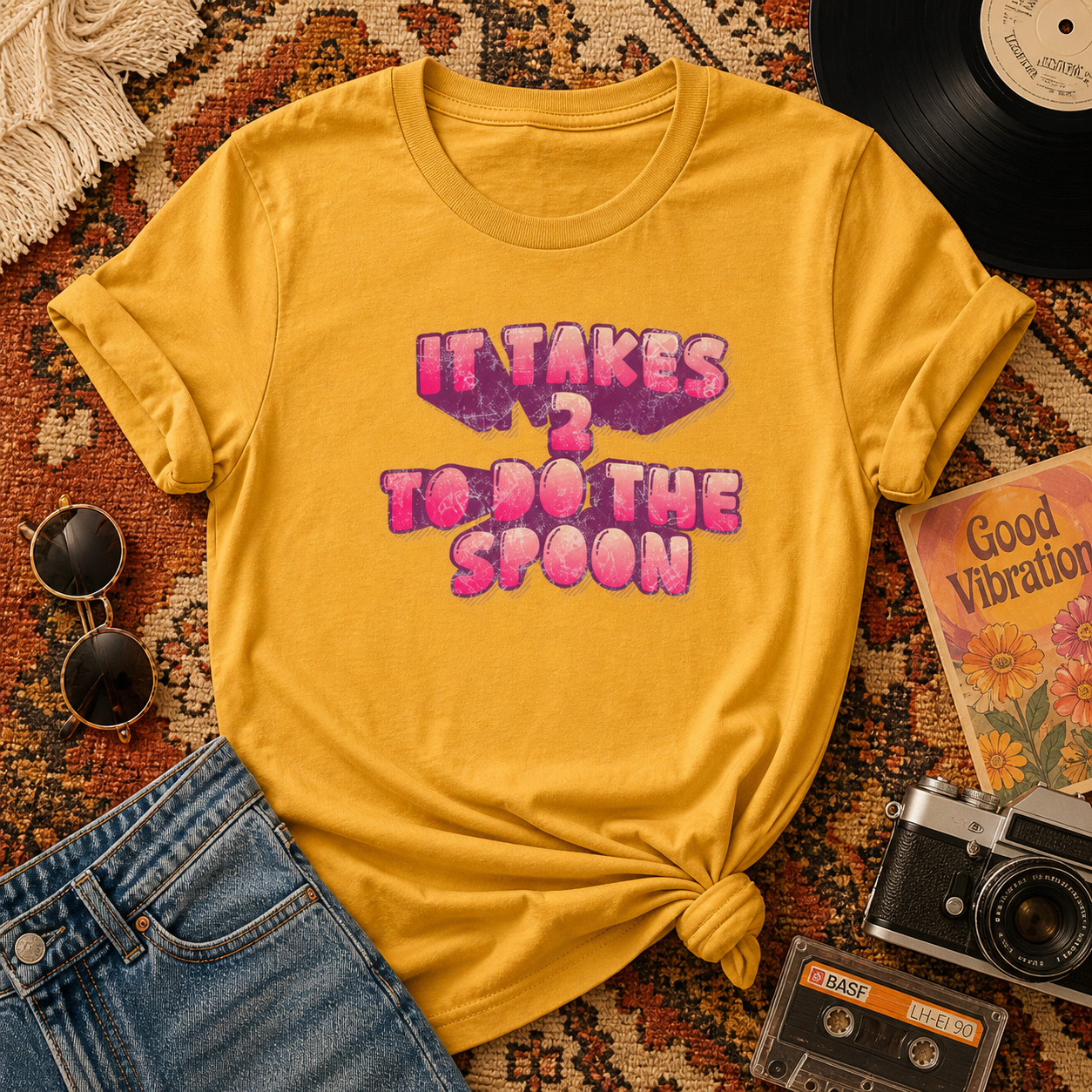 T‑Shirt — "It Takes 2 to do the Spoon" Pink Bubble Letter Graphic Tee