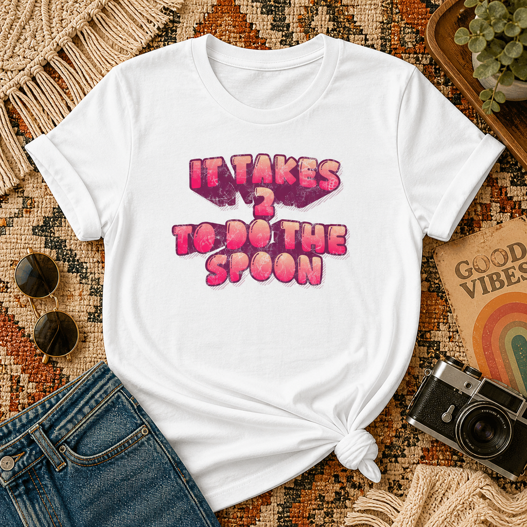 T‑Shirt — "It Takes 2 to do the Spoon" Pink Bubble Letter Graphic Tee