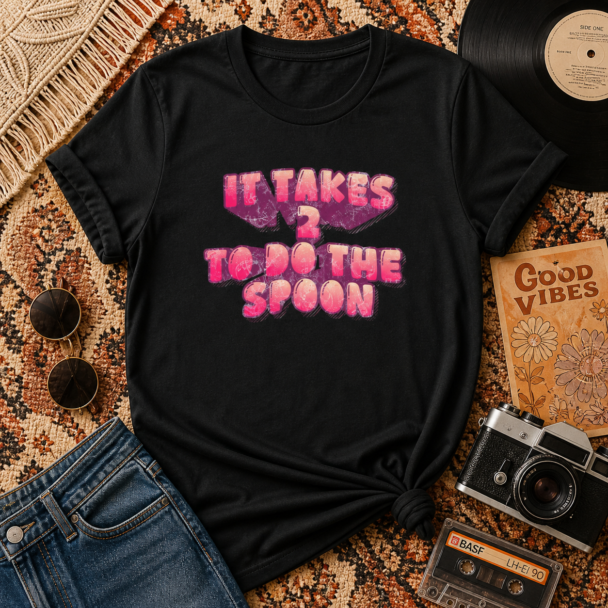 T‑Shirt — "It Takes 2 to do the Spoon" Pink Bubble Letter Graphic Tee